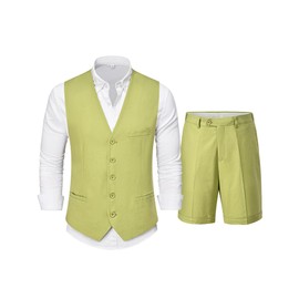 Hihawk Men's 2 Piece Linen Vest Pants, Lightweight Waistcoat Shorts, Casual Wedding Beach Summer Prom Homecoming Outfit Green
