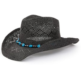 TOVOSO Western Cowgirl Hat, Straw Cowboy Hat for Women with Shapeable Brim, Beaded Hearts Trim, Black-Blue