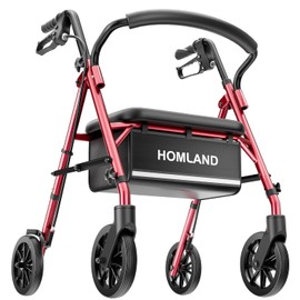 HOMLAND Walkers for Seniors with Seat, 16 Pounds Lightweight Rollator Walker with Seat, Height Adjustable 5-Level, Puncture-Resistant Wheels, Portable Light Rollator, Comfortable Elastic Seat, Red