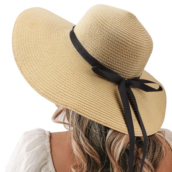 DRESHOW Womens Straw Hat Foldable Wide Brim Floppy Beach Sun