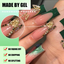 Ohhmisis XL Long Press on Nails Green French, Rhinestone Square Fake Nails with Nail Glue, 3D Butterfly False Nails Glue on Nails for Women 24 Pcs