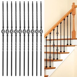 ITEVE.GD Wrought Iron Balusters - 10Pack - Hollow Single Basket Double Twist Iron Spindles,Decorative Metal Balusters for Decks,1/2 Inch Square Baslusters for Staircase Interior (Satin Black) - GD02…