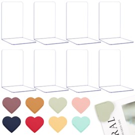 YRYUNRUI 8PCS Acrylic Bookends and 8PCS Heart Leather Bookmarks, Clear Book Ends for Shelves, Decorative Book Holders Non-Skid Heavy Duty Book Organizer for Library School Office