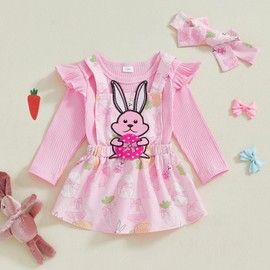 Adobabirl Baby Girl Easter Dress Outfit Ribbed Ruffle Romper Bunny Suspender Skirt Headband 3Pcs Spring Clothing Set (Pink Bowknot Easter Eggs, 3-6 Months)