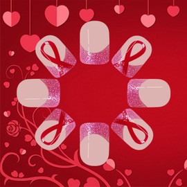 Pink Ribbon Press on Nails Love Breast False Nails 24Pcs Short Square Glossy Pink Glitter French Tips Acrylic Fake Nails Save Breast Gel Glue on Nails Red Ribbon Stick on Nails for New Years Gift