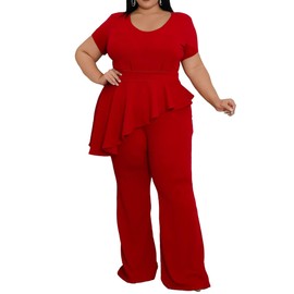CXXQ Green Suit 2 Piece Outfit Women Plus Size Office Lady Peplum Tops Business Suit Set Straight Leg Pants Red 5X