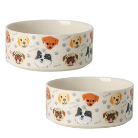 Ceramic Dog Bowls Set of 2, 6.1 inch Dog Food Water Bowl with Cute Pattern, Pet Dogs Dishes for Middle and Small Size Dogs, White