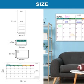 Large Dry Erase Wall Calendar - Undated, 3-Month Landscape Calendar, 15" x 30" Whiteboard Calendar, Blank Reusable Monthly Calendar Planner with 40 Circle Stickers, 4 Markers for Offices and Classrooms