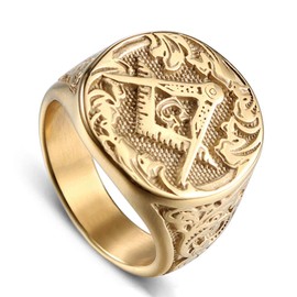 ANIEJUFI Men's Stainless Steel Gold Plated Freemason Masonic Ring Vintage Master Mason Signet Rings Gold Size 8