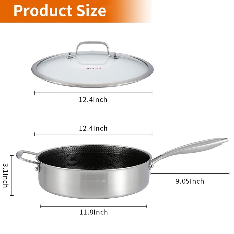 DELARLO Tri-Ply Stainless Steel 12 Inch Deep Frying Pan with