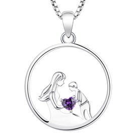 YL Women's Mother and Son Necklace Sterling Silver Mum Hold Child Heart Pendant Created Pink Tourmaline Necklace Gifts for Moms