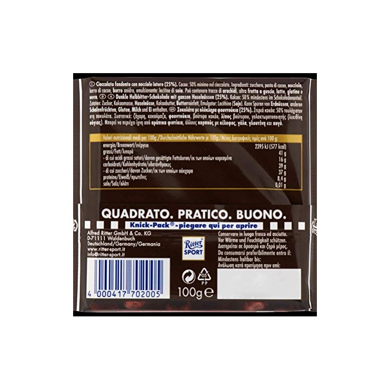 Ritter Sport Dark chocolate with Whole Hazelnuts 3.5-Ounce/100g Bars, pack