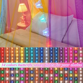 Rainbow Bed Canopy for Girls, Princess Canopy Bed Curtain with 34 Colors Changing Butterfly Lights Remote Timer for Girls Bedroom, Hanging Canopy for Twin Full Queen King Kids Bed Decor