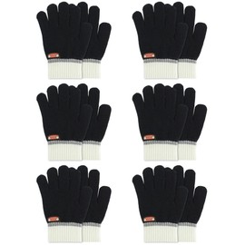 DAQING 6 Pairs of Kids Gloves Knitted Wool Winter Gloves Children Full Fingers Stretchy Warm Mittens for Boys Girls (Black,5-12 Years)