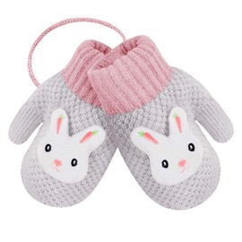 RUIXIA Kids Winter Knitted Gloves Cute Cartoon Bear Hang Neck Mittens Newborn Baby Warm Mitten Thicken Cashmere with Rope Mitten Thermal Full Finger Wrist Glove Boy Girl 0-3Y Gift (Grey -Bunny)