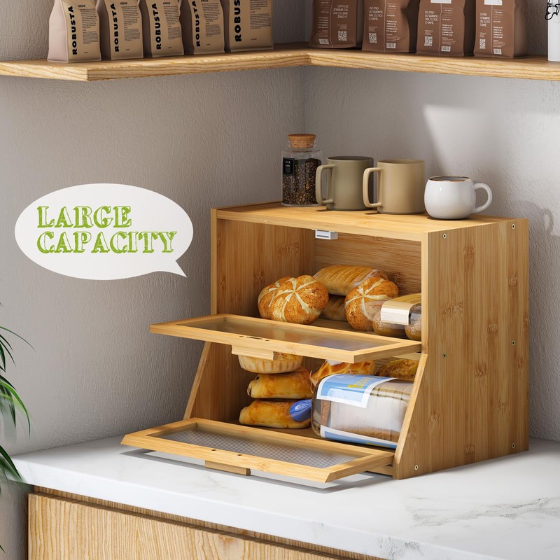 Large Bread Box Double Layer Bamboo Bread Box for Kitchen