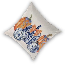 Fall Pillow Covers 24 x 24 Inch Set of 2, Chinoiserie Blue and Orange Pumpkin Decorative Throw Pillow Covers Outdoor Farmhouse Autumn Thanksgiving Pillowcase Linen for Home Couch Sofa