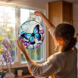 8 Inch Stained Glass Suncatcher Ornament, DOUHASU Butterfly Sun Catchers Indoor Window, Stained Glass Window Hanging, Home Decor, Butterfly Lovers Gifts for Her, Women, Mom, Grandma, Friend