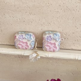 Fycyko Compatible for AirPods Pro 2 Case Soft TPU with Cleaner Kit Cute Colorful Retro Oil Painting Printed Flower Design Shockproof Pearl Keychain Cover for Girls Woman- Purple