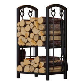 Fire Beauty Fireplace Firewood Log Rack 5-Piece Storage Logs Holder with Tools Set with 4 Tools Set Fireside Holders Wood Lumber Storage Stacking Black