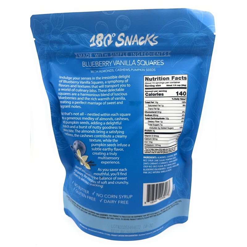 180 Snacks, Blueberry Vanilla Squares, with Almonds, Cashews, Pumpkin Seeds,