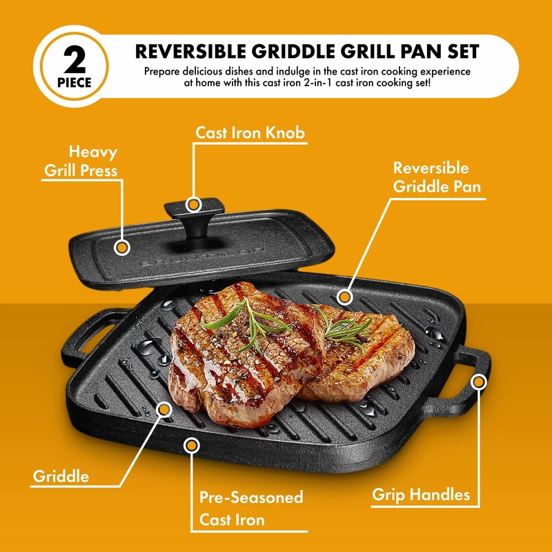 Bruntmor 2-in-1 Pre-Seasoned Cast Iron Reversible Griddle Grill Pan with