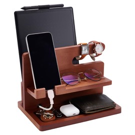 UNICRAFTALE 25.9x18.6x18cm Wood Mobile Phone Holders Wood Phone Docking Station Saddle Brown Nightstand Charging Organizer and Cell Phone Stand for Men