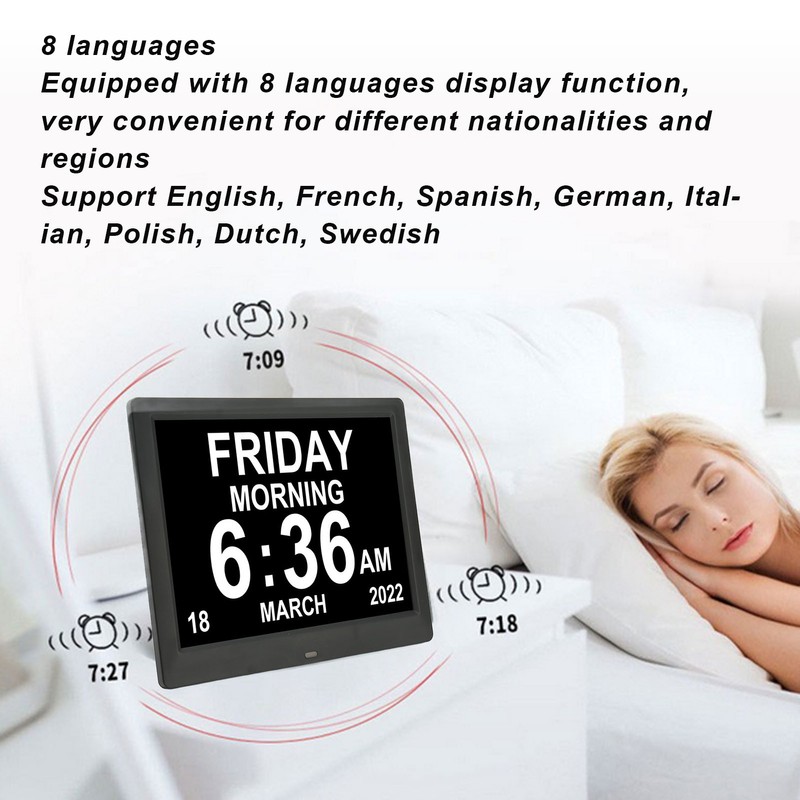8.7inch Digital Day Calendar Clock Auto Dimming Large Display Medication