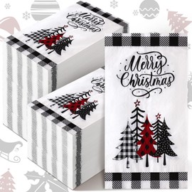 Sinmoe 200 Pcs Christmas Tree Paper Napkins Christmas Disposable Hand Towel for Bathroom 2 Ply Buffalo Plaid Guest Towels Xmas Dinner Napkins Decorative Guest Napkin for Holiday Xmas Party Winter
