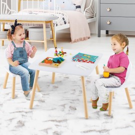 Costzon Kids Table and Chair Set, 3 Pieces Wooden Activity Table & 2 Rabbit Shaped Chairs with Solid Wood Legs, Space-saving Design, Toddler Table and Chairs for Children Playroom Kindergarten (White)