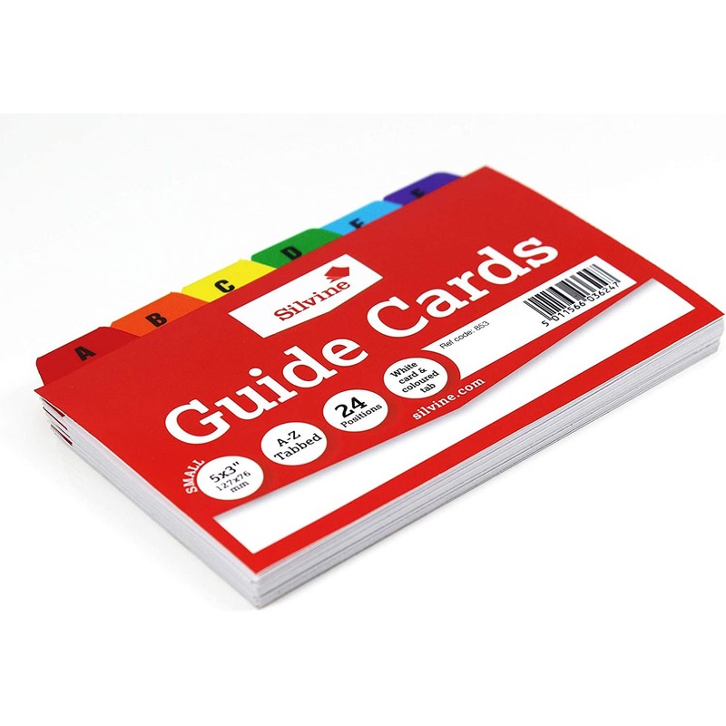 Silvine 5x3" Guide Cards in plain white, Tabbed A-Z. Ref