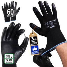 Raxwell 60-Pair PU Coated Work Gloves for Men and Women | Puncture and Abrasion Resistant, Safety Ultra-Thin with Grip | Industrial, Warehouse, Yard Work, Construction, Gardening | Black, Medium
