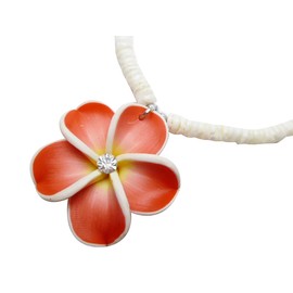 Aloha Passion Hand Made Colorful 35mm Polymer Clay Plumeria Flower With Cubic Zirconia CZ 18" White Clam Shell Necklace Hawaiian Polynesian Style (Red)