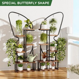 6 Tier Plant Stand Indoor Butterfly-Shaped, Tall Metal Plant Stand with 6 Plant Hooks & 12 Boards, Large Ladder Plant Shelf with Adjustable Feet for Living Room, Balcony, Garden, Art Studio (2 Pack)