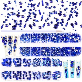 JERCLITY 1620pcs Blue Nail Rhinestones Gems Blue Stones for Nails Crystals Glass Round Beads 6 Sizes (1.5-4mm) Flatback Multi Shapes with Picking Pen for Nail DIY Crafts Clothes Shoes Jewelry