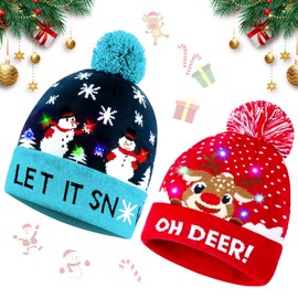 Christmas Hats Plush, Pack of 2 Christmas Hats Children, LED Christmas Hat, Luminous Christmas Hats, Christmas Hats, One Size for Adults and Children, Knitted Hat Gifts for Christmas