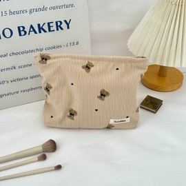 Sozakka Corduroy Cosmetic Bag Large Women Handbags Purses Zipper Little Bears Makeup Organizer Storage Makeup Bag Girls Case Bags (Khaki)