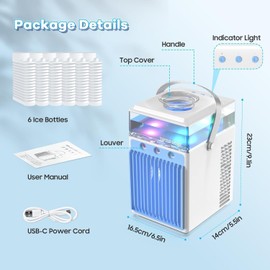 Portable Air Conditioner Fan, Rechargeable 4-IN-1 Personal Mini Cooler Humidifier, 3-Speed Evaporative Air Cooler with 7 Color Lights, Cordless AC Desktop Spray Fan, Quiet Desktop Cooler