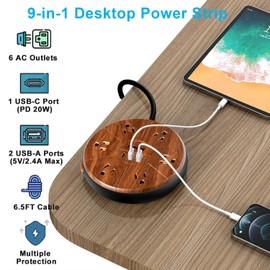 Power Strip with USB, PD 20W USB-C Charging, 6.5 FT Extension Cord with 6 Outlets, 1 USB-C, 2 USB-A, TOPREK Power Strip Surge Protector, Wood Finish Desk Charging Station for Home, Office, Dorm