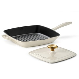 Tramontina Enameled Cast Iron Grill Pan with Press, 11-inch, Latte with Gold Knob