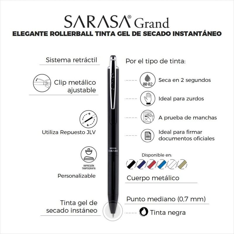 Zebra Bolígrafo Elegante Sarasa Grand de acero inoxidable con tinta