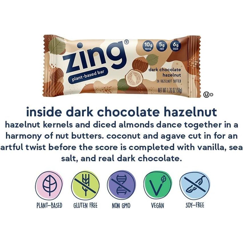 Zing Bar Nutrition Bar Dark Chocolate Hazelnut 1.76 Oz