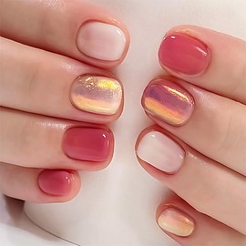 24PCS Pink & Gold Press on Nails Short Square Fake Nails Glitter Designs Fall Acrylic Full Cover False Nails French Tip Stick on Nails for Women Girls Nails Manicure Decorations