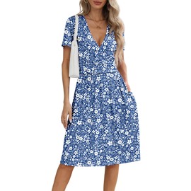 NILOUFO Women's Summer Casual Dress Short Sleeve Wrap V Neck Midi Dresses with Pockets (Floral Pattern-Blue, Medium)