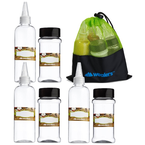 Camping Portable Spice Containers 6 Piece Empty Spice/Herb Salt & Pepper Shakers Bottles with 2 Sided Shaker Lids Ketchup Squeeze Bottles Mesh Carry Bag Camp Cooking (SPICES NOT INCLUDED)
