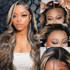QNQZ Balayage Highlight Wear and Go Glueless Wigs Human Hair Pre Plucked Pre Cut 180% Density Balayage Lace Front Wigs Human Hair 13x4 HD Lace Ombre Body Wave Wig Human Hair Wigs for Women 32 Inch