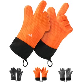 UNCO- BBQ Gloves, Silicone Gloves, Orange Grill Gloves Heat Resistant Gloves, Grilling Gloves, Oven Gloves with Fingers, Heat Gloves, Cooking Gloves Heat Resistant, BBQ Gloves Heat Resistant Cooking