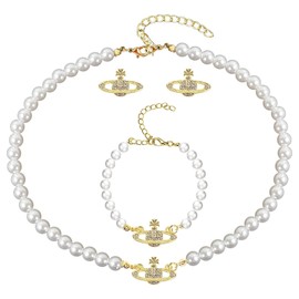 Women's Pearl Necklace Saturn Set of 3 Saturn Pearl Necklace Women's Bracelet Earrings Pearl Planet Necklace Birthday Anniversary Jewellery Gift for Wife Girlfriend Mother Daughter Gift, Pearl, alloy