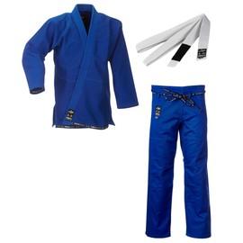 Ju-Sports BJJ Starter Gi Fortaleza Blue + BJJ Belt White I Lightweight & Solid Brazilian Jujutsu Suit for Beginners I BJJ Gi Men I 100% Cotton, blue