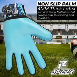 Jazzy Sports Soccer Goalie Gloves,Funky Football Goalkeeper Gloves for Kids Boys Children Youth with 4mm Latex for Strong Grip (Cyan Blue, Size 3 Suitable for 5-6 Years)